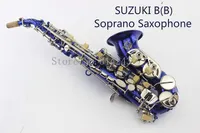 Märke Suzuki Small Bend B Flat Sopran Saxofon i B-Flat Unique Blue Bronze Saxofon Sopran Brass Sax Professional Musical Instrument