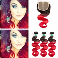 #1B Red Ombre Indian Virgin Human Hair Wefts with Closure Body Wave Black and Red 2Tone Ombre Weave Bundles with 4x4 Lace Closure