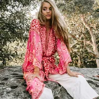 BOHO вдохновил лето 3/4 рукав цветочные напечатанные Maxi кимоно кардиган Blusas Rayon свободно женские рубашки блузка 2018 пляжная одежда