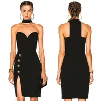 2018 Little Black Dresses High Thigh Slit Halter Sexy Cocktail Dress Party Evening Wear In Stock XS-L Sexy Prom Dress Women Clothes