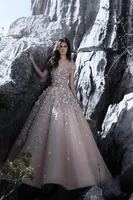2018 новый романтический вечерние платья носить шампанское тюль с плеча кружева аппликации 3D цветочные цветы плюс размер длинные платье выпускного вечера платья