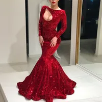 Seksowne Czerwone Cekiny Syrenki Suknie Wieczorowe Długie Rękawy Plus Size Prom Dresses Sparkle Evening Party Dresses
