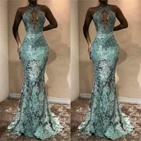 Merma Green 2018 Mermaid Dress Evening Wear Keyhole Neck Lace Appliqued Prom Gowns Plus Size Abiti occasioni speciali