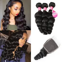 Meetu Peruvian Virgin Extensions Straight Brazilian Kinky Curly Human Hair Bundles With Closure 3pc Body Water Loose Deep Wave for Women All Ages Natural Black