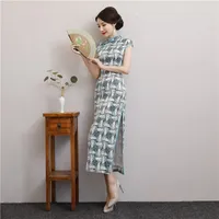 2020 Sexy Seta cinese Cheongsam lungo stampato con collo alto Split fodero del partito formale abiti d'epoca Women Abiti eleganti Cheongsam