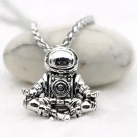Astronaut Pendant Necklace Meditation Galaxy Universe Cosmic Spaceman Retro Women Men Necklace Steel Chains Real Leather Rope