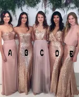 2018 brudtärna klänningar mix-and-match blush rosa chiffong med rosa guld sequined tyg golv längdblandning stilar land fest klänningar