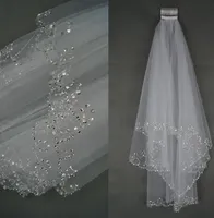 شحن مجاني صورة حقيقية سباركلي مطرز الحجاب الزفاف مع أحجار الراين حافة قصيرة طول تول حجاب الزفاف