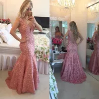 Roze Vintage Kant Prom Dresses 2018 V-hals Kralen Mermaid Dames Party Dragen Open Back Floor Lengte Celebrity Towns