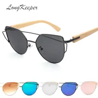 LongKeeper 2019 Cat Eye Sunglasses Women Metal Frame Bamboo Wood Legs Gafas Ladies Brand Designer Cateye Driving Goggles UV400