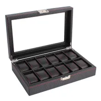 OUTAD 12 Slots Boîte de montre en fibre de carbone Boîte à bijoux Affichage Support de stockage Rectangle en cuir noir