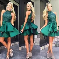 Plus Size Cute Green Homecoming Dresses Halter Neck Zroszony Aplikacje Mini Długość Party Suknie Koktajl Suknie 2019 Nowe Prom Dresses