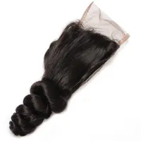 10a Remy Human Hair 4 * 4ルースウェーブスイスレースクロージャー1個無料部品ブラジルペルーマレーシアインドの髪織り8-20インチ