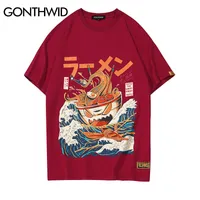Gonthwid日本の面白い漫画ラーメンプリント半袖TシャツストリートウェアファッションカジュアルメンズヒップホップTシャツトップスティー