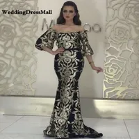 Prom Abito lungo nero Sirena d'oro arabo Dubai Woman Glitter elegante convenzionale del partito abito di sera veste longue manche longue