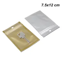 7.5x12 cm 100pcs Gold / Limpar Poly plástico auto vedação Zipper fechamento Pendure buraco sacos de embalagem para produtos eletrônicos reutilizável embalagem Pouches