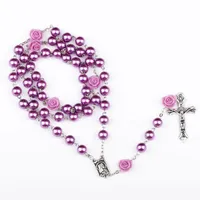 3 Colors Catholic Rosary Madonna Jesus Cross Necklace Pendants Pearl Bead Chain Fashion Belief Jewelry for Women
