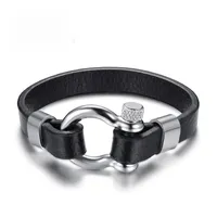 Brazalete de pulsera de cuero real negro para hombres de acero inoxidable Vachette Tornillo de tornillo diseño joyería única 21 cm