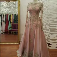 2018 abendkleider Long Sleeve Pink blush Evening Dress Long Prom Dresses with Gold Lace Beadings Floor Length Formal Party Gown