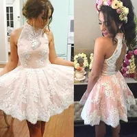 Sweety High Neck Lace Homecoming Jurken Mouwloze Back Hollow A Line Party Gown Kant Applique Cocktail Graduation Dress Custom Made