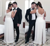 2018 Sexy V-Ausschnitt Backless Brautkleider Günstige Plus Größe Designer Zurück Split Chiffon Spitze Appliqued Champagne Inner Wedding Dresses Bridal