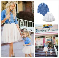 INS Hot Family Matching Outfits Moda Estilo Madre e hija Trajes Denim Jacket + White Yarn Tutu Skirt 2 Pces Sets Suits