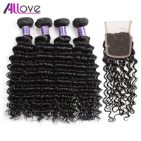 Allove 8-28 inch Deep Curly Wave Wefts 4PCS Human Hair Bundles with Lace Closure Brazilian Virgin Extensions for Women All Ages Jet Black