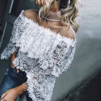Szykowny Women Lace Blusa Fashion Tops y blusas de alta calidad para mujeres 2018 Copa de hombro frío de verano Camisa de manga larga blanca