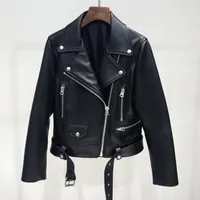 Ailegogo 2018 novo outono mulheres pu jaqueta de couro mulher zíper cinto curto casaco feminino motocicleta preto faux couro outwear