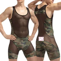 Men's sexy Transparent mesh fishnet Rompers Underwear Wrestling Singlet Jumpsuit Teddies GAY Underwear One-Piece Bodysuits