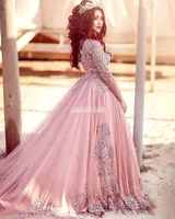 Czarowne zakurzone Różowe Długie Rękawy Suknie Wieczorowe Księżniczka Muzułmańska Suknia Balowa Prom Dresses z cekinami Runway Runway Sukienki