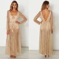 Lady Evening Party Lange jurk met Rhinestone Gold Maxi-jurk lange mouwen Mesh Sexy Deep V-Neck Clothing