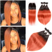 # 1b / 350 Orange Ombre Indian Human Hair Bundle Oferty z zamknięciem koronki 4x4 Prosto Dwa Tone Ombre Dziewiczy Włosy splatające z zamknięciem