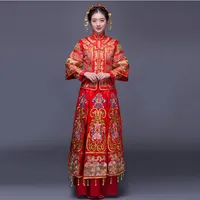 高級古代ロイヤル赤刺繍漢字結婚式のドレスQipao中国語伝統的なドレス女性東洋のQi Pao民族の服