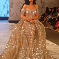 Dubai Prom Dresses Golden Mermaid con gonna oversize Paillettes scintillanti Perline Off Spalla Celebrity Party Dress Splendida Arabia Saudita Sera Dres