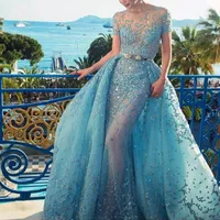 Fascinating Light-Blue Evening Dress With Overskirt Crystal Lace Applique Jewel Neck Short Sleeve Evening Gown Sexy See Through Prom Dresses