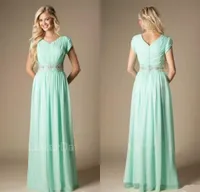 Perlen Mint Green Land Brautjungfer Kleid bescheidenen A-Linie Chiffon formale Trauzeugin Kleid informelle Hochzeitsgast Kleid Plus Size