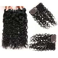 Meetu Wholesale Brazilian Human Hair Bundles with Closure Water Wave Wet and Wavy Weave Weft Extensions 4pcs lot for Women All Ages 8-28inch Jet Black