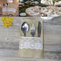 Burlap Cutlery Holder Vintage Shabby Chic Jute Lace Tableware Pouch Packaging Fork Knife Pocket Party Decoration Free DHL WX9-791