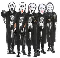 Barnskalle Skelett Ghost Kläder + Skull Devil Mask Handskar Cosplay Kostym Män Kvinnor Kids Halloween Carnival Masquerade