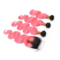 Body Wave Ombre Rose Vierge Peruvian Bundles de Cheveux Humains 3Pcs avec Fermeture # 1B / Rose Dark Root Ombre 4x4 Lace Top Fermeture avec Tissage