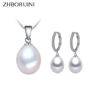 Zhboruini Pearl Jewelry Set Natural Freshwater Pearl Collar Drop Zircon Pendientes 925 Joyería de plata esterlina para mujeres Regalo