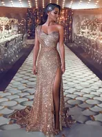 2022 Sexy rose Gold Sequins Lace Sirène Robes de demoiselle d'honneur pour les mariages Guest One Épaule Split Party Pailled Gound of Honor Robes