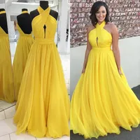 Bridesmaid Dresses 2022 Yellow Chiffon for Junior Wedding Party Guest Gown Maid of Honor Halter Backless Custom made Full Length