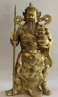 +24 "Grande ottone cinese spada Guan Gong Yu guerriero Dio drago ciotola del tesoro Statua