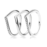 Authentische 925 Sterling Silber Ring Wish Bone Ring Set mit Kristallstapelringen für Frauen Hochzeitsfeier Geschenk fein Europa Schmuck Schmuck