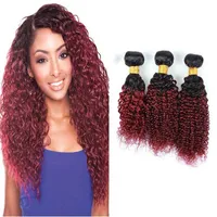 Brzailian Ombre Hair Extension Två ton 1b / 99 Kinky Curly Burgundy Human Hair Weave 3 Bundles Partihandel Färgat Brasilianskt Rött Hår