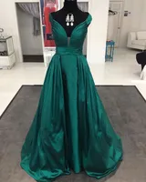 Emerald Green Elegant Off Shoulder Lange Avondjurken Diepe V-nekplooites Satijn Formele Prom Party Jurken Speciale Gelegenheden Toga Custom Made