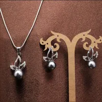 Gratis frakt mode nya heta kvinnor 18k platina pläterade grå färger pärla österrikiska kristall halsband örhängen smycken sätter bröllop
