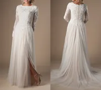 Kości Słoniowej Champagne Modest Suknie Ślubne Z Długim Rękawami Boho Lace Tulle LDS Suknie Bridal Sleeved Split A-Line Custom Suknia Ślubna